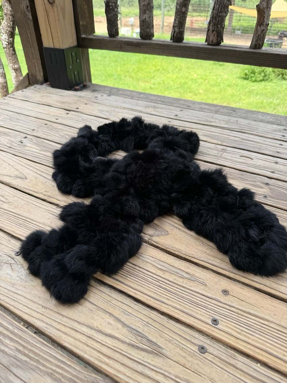 Adrienne Landau Black Rex Rabbit Pom Pom Fur Scarf